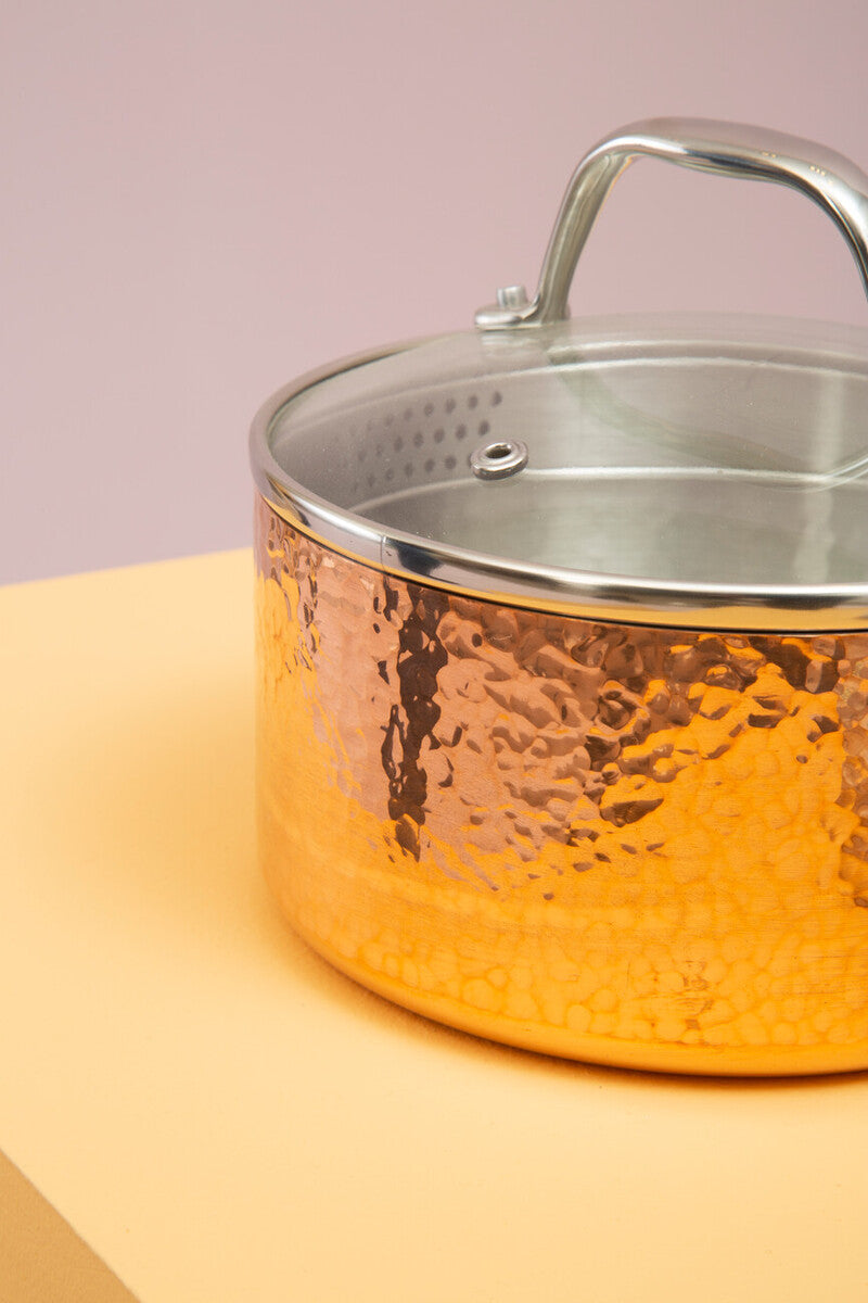 Orsina Minerva Hammered Copper Finish Saucepan with Lid - 16cm