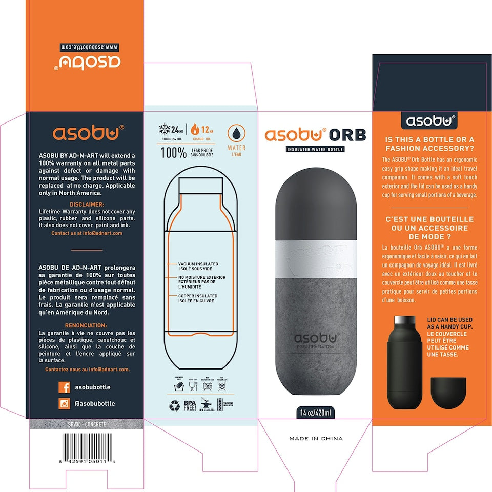 Asobu Orb Bottle, 400ml, Concrete