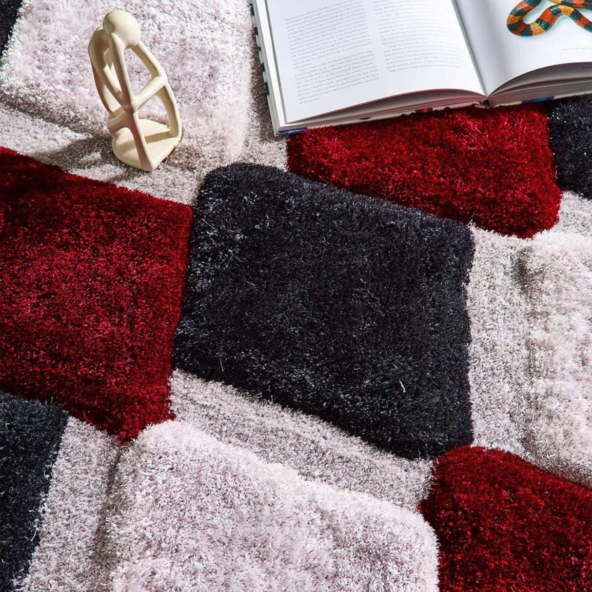 3D Red Geometric Shaggy Rug by The Rugs