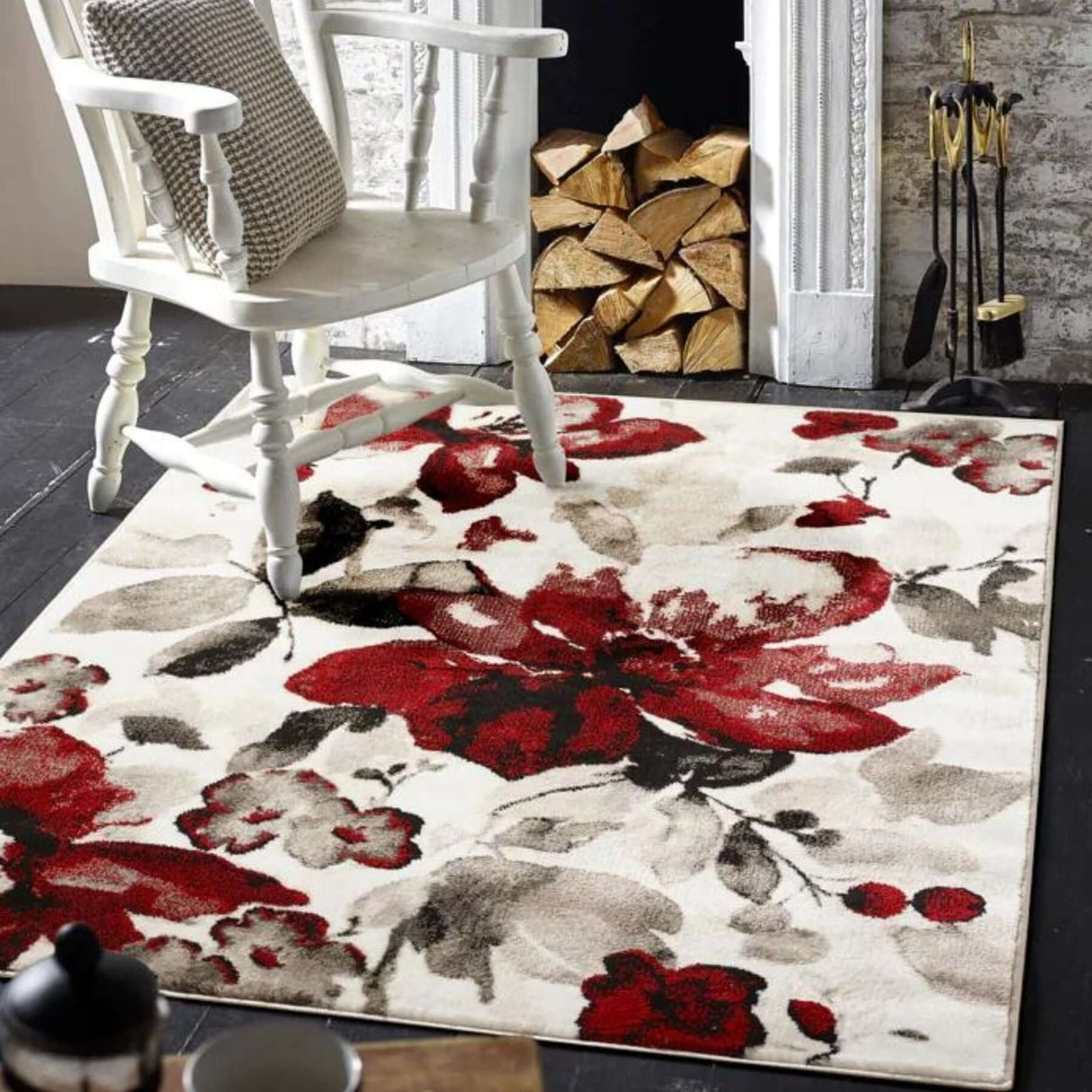 Watercolour Floral Design Rug Red by The Rugs