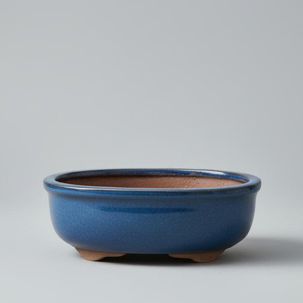 Yorkshire Bonsai Blue Glazed Oval Bonsai Pot with Drainage Tray - 12cm