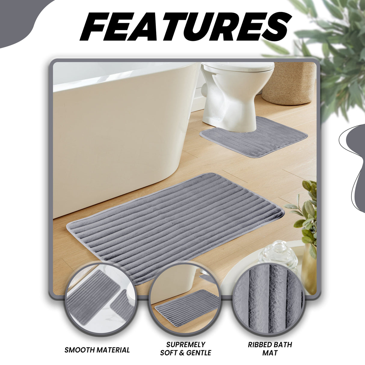 2 Piece Ribbed Bath Mat Set in Charcoal by OLIVIA ROCCO