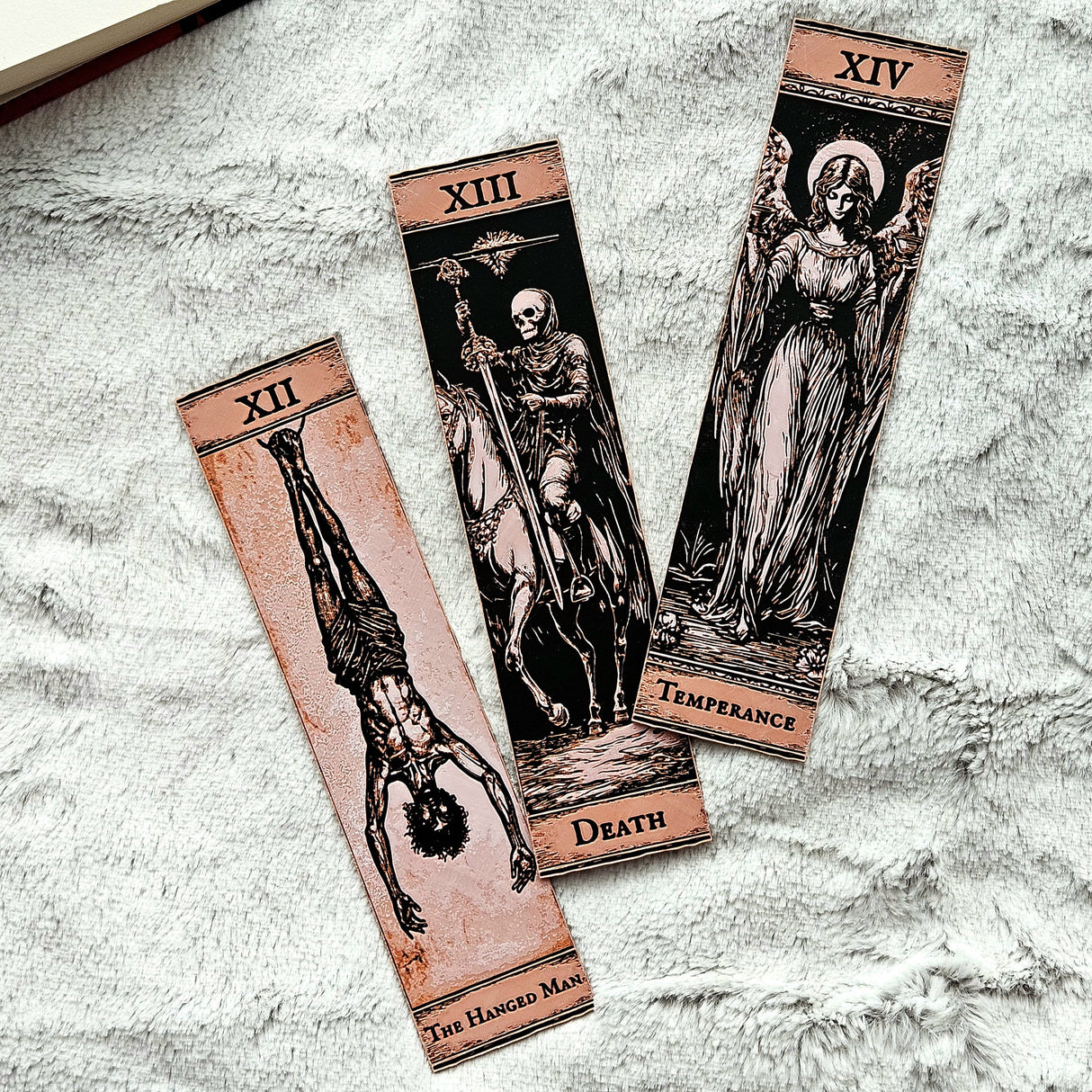 Filamora Studios Gothic Tarot Bookmark Set | The Hanged Man, Death & Temperance