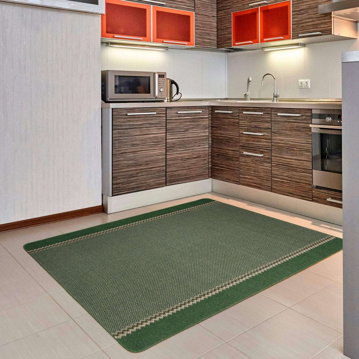 Washable Designer Bordered Green Easy‑Clean Floor Rug 116GR | The Rugs