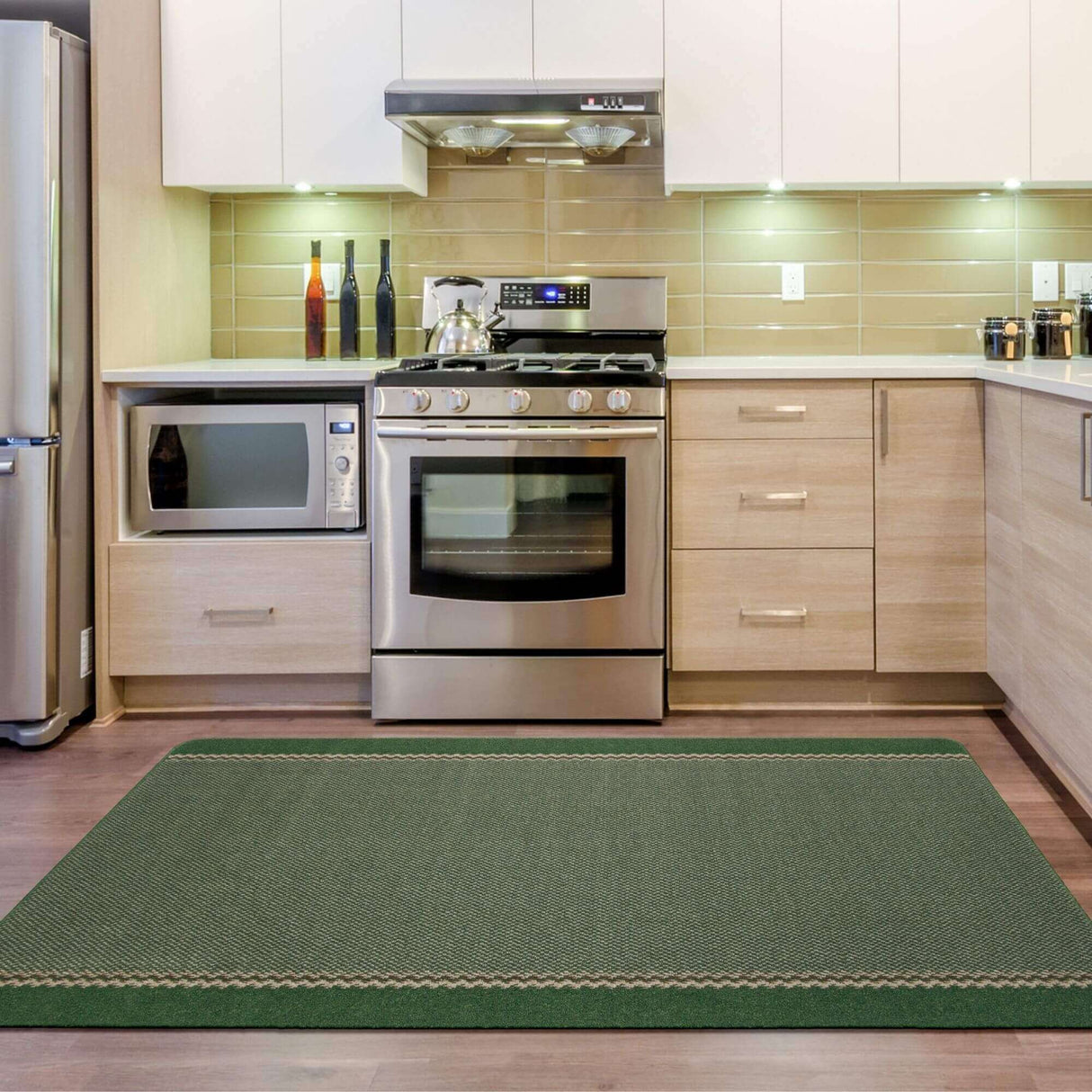 Washable Designer Bordered Green Easy‑Clean Floor Rug 116GR | The Rugs