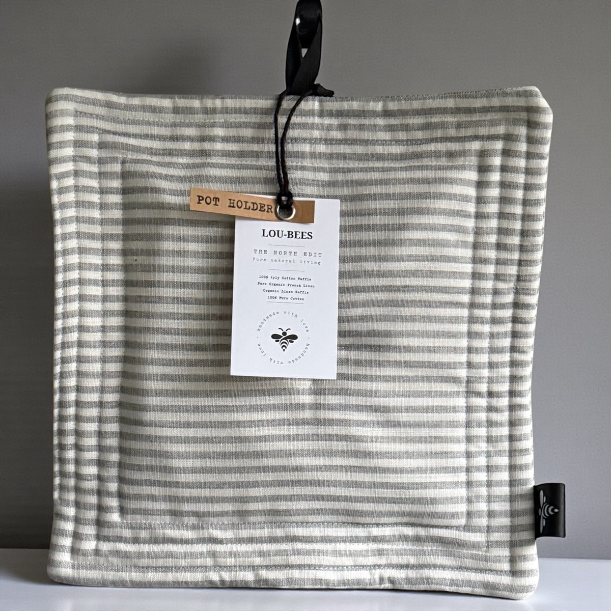 Lou-bees Linen Grey Striped Pot Holder