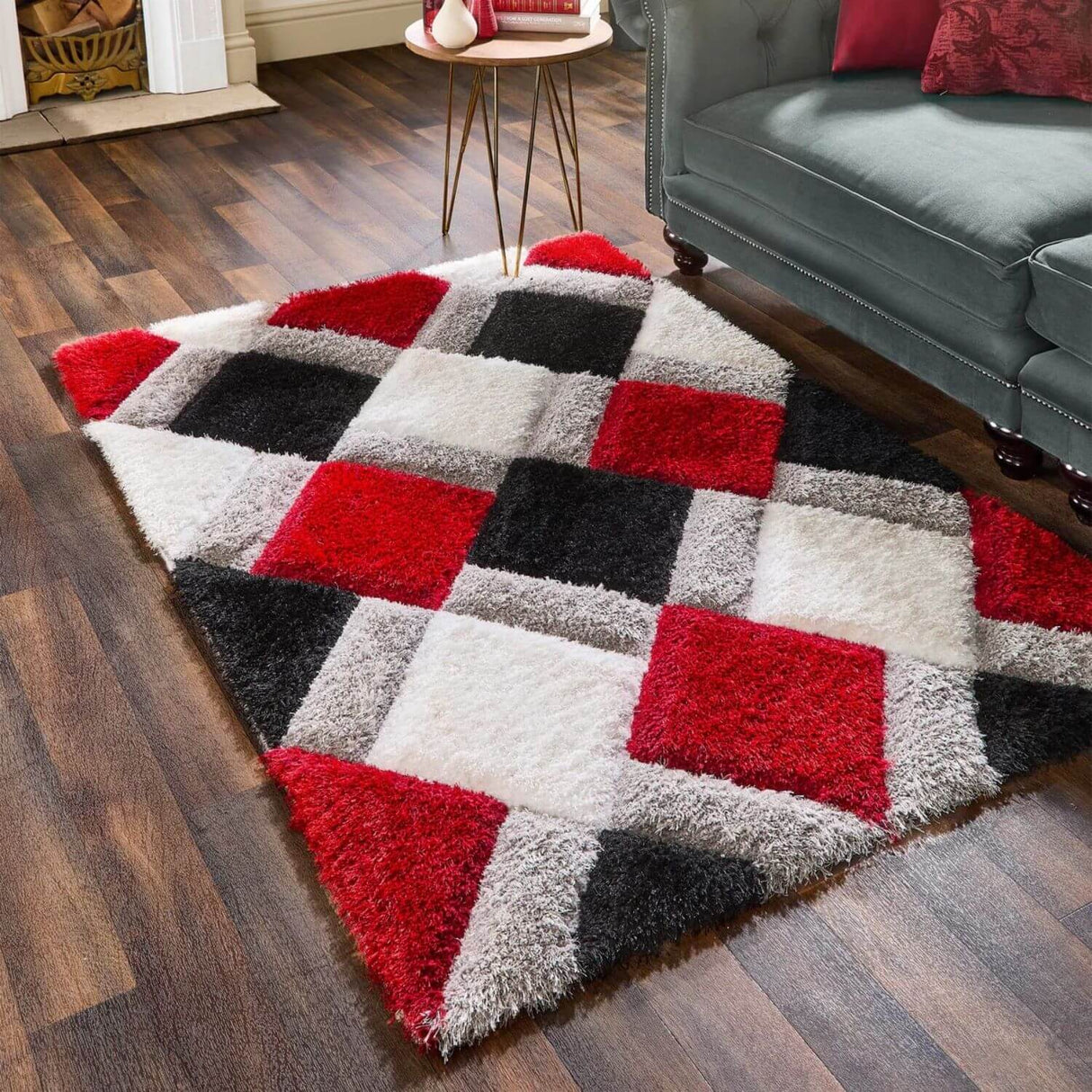 3D Red Geometric Shaggy Rug by The Rugs