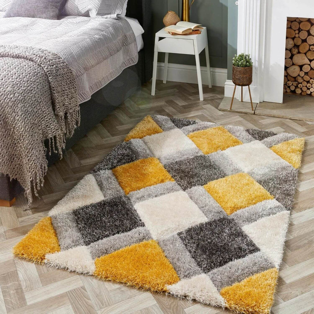 3D Ochre Geometric Shaggy Rug | The Rugs