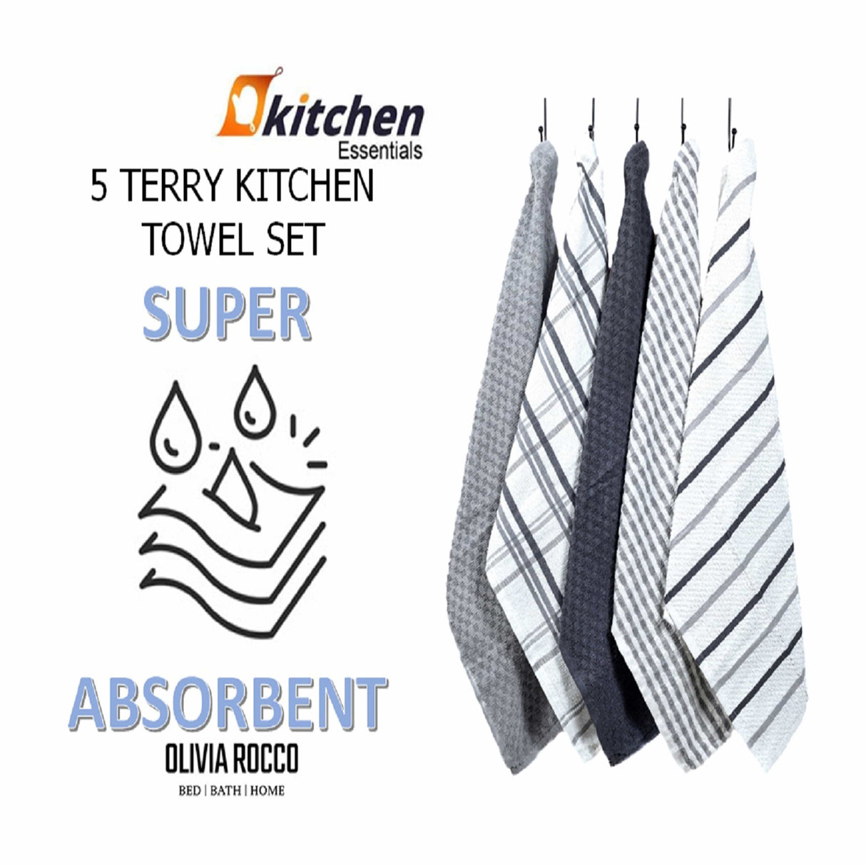 5 Pack Super Absorbent Check Quick Drying Cotton Terry Kitchen Tea Towels by OLIVIA ROCCO