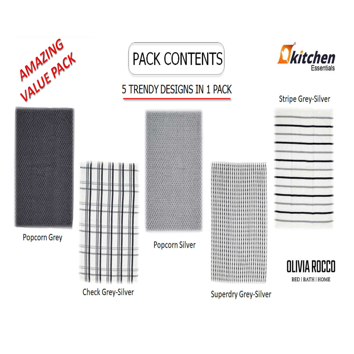 5 Pack Super Absorbent Check Quick Drying Cotton Terry Kitchen Tea Towels by OLIVIA ROCCO