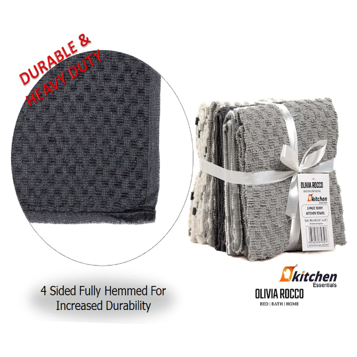 5 Pack Super Absorbent Check Quick Drying Cotton Terry Kitchen Tea Towels by OLIVIA ROCCO