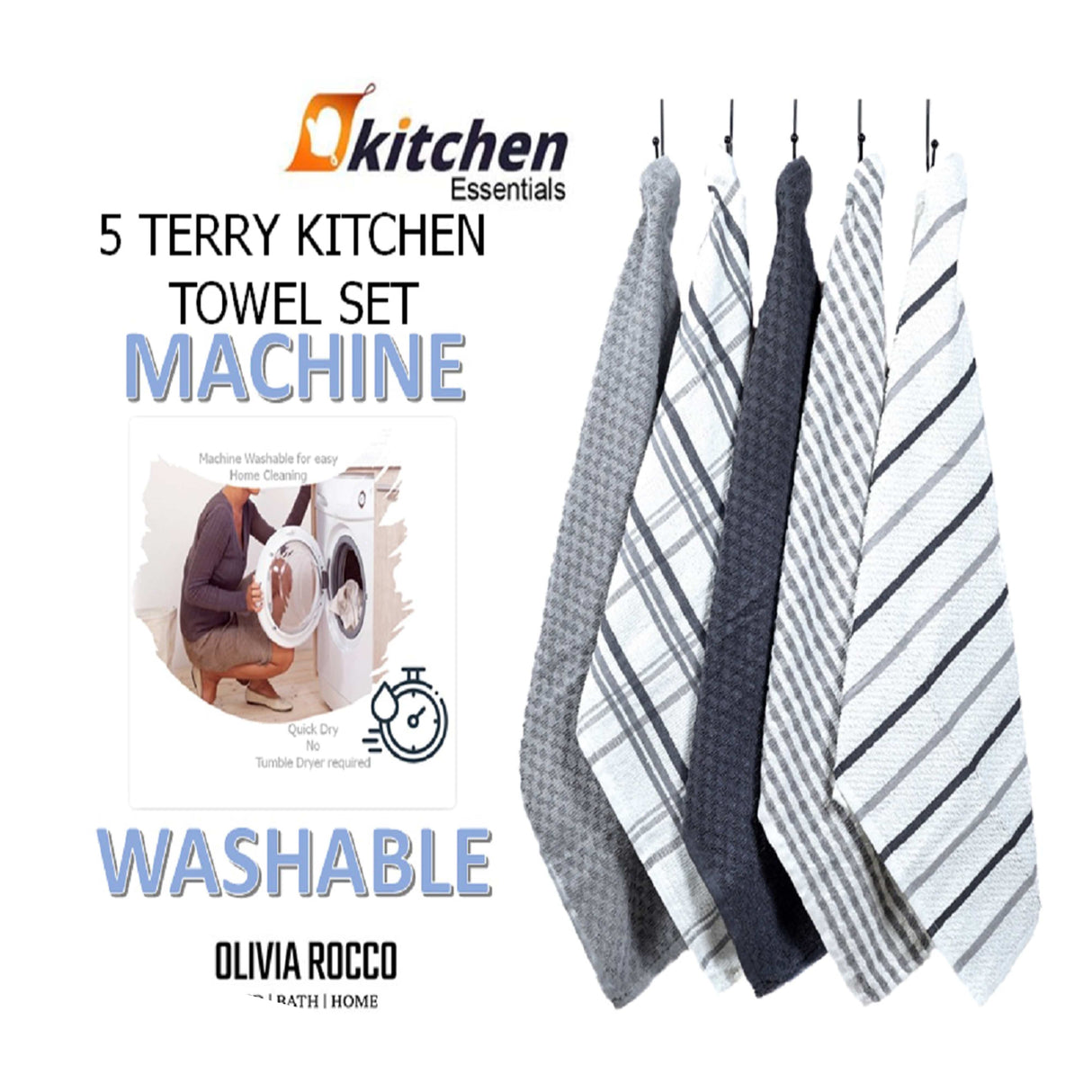 5 Pack Super Absorbent Check Quick Drying Cotton Terry Kitchen Tea Towels by OLIVIA ROCCO