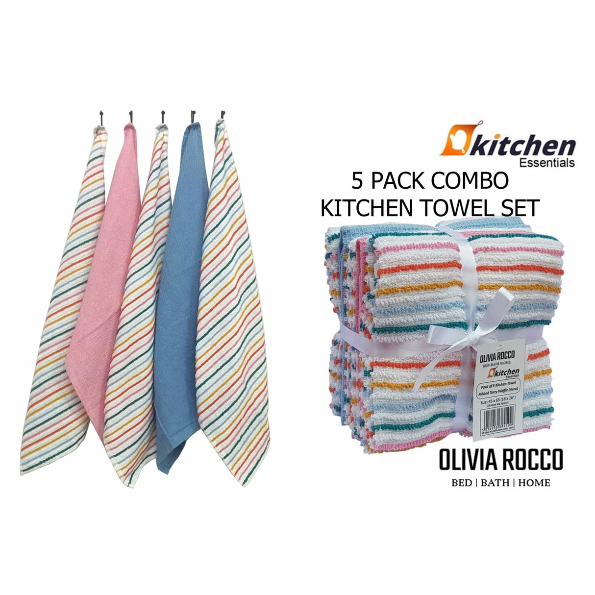 5 Pack Super Absorbent Cotton Kitchen Tea Towels by OLIVIA ROCCO - 45cm x 65cm