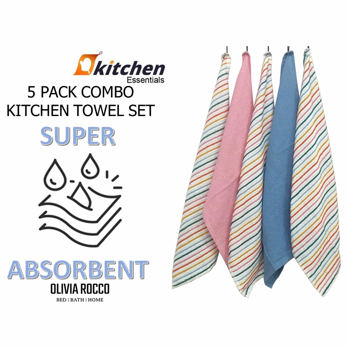 5 Pack Super Absorbent Cotton Kitchen Tea Towels by OLIVIA ROCCO - 45cm x 65cm
