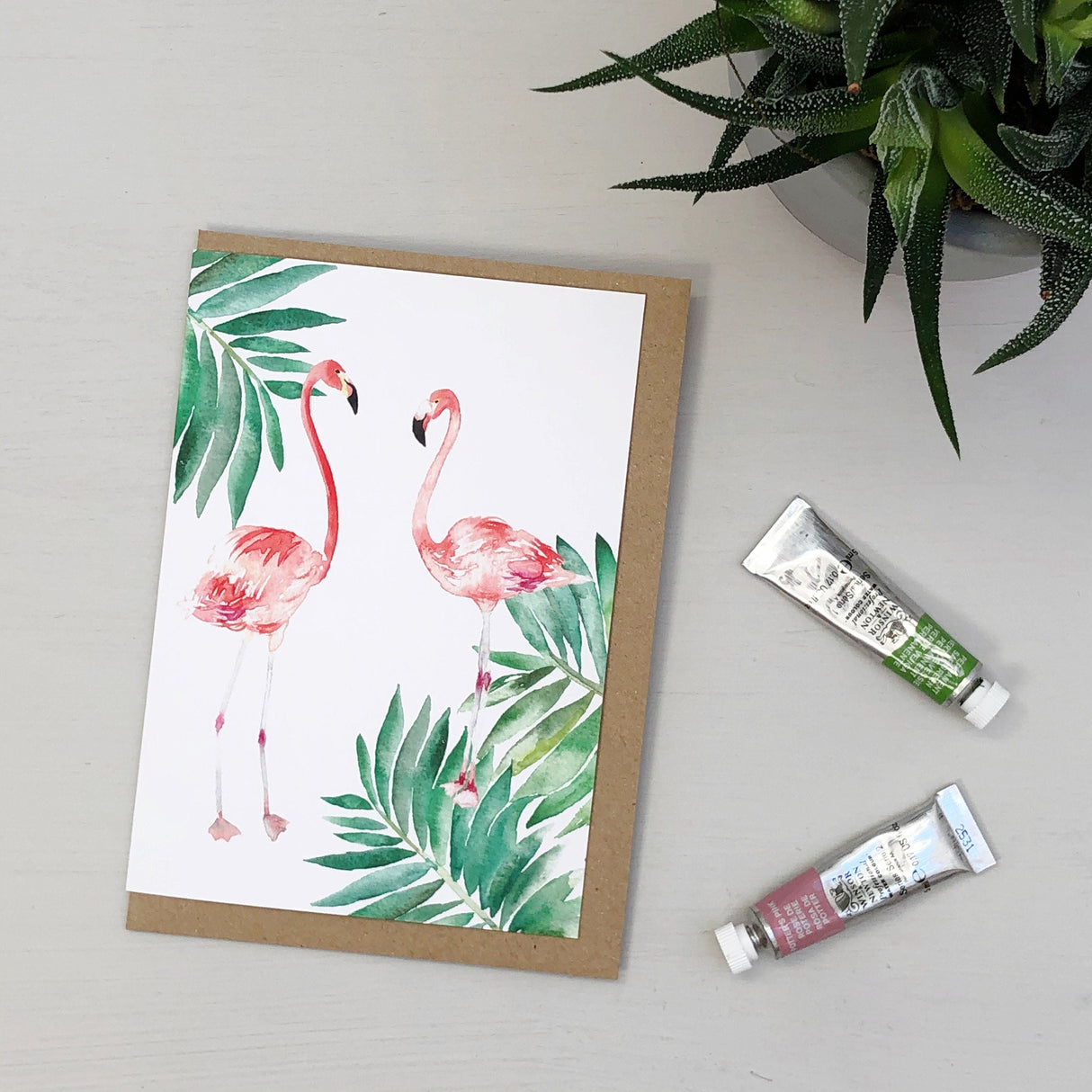 Flamingos Tropical Hand Painted Greetings Card | Katie Hipwell Design