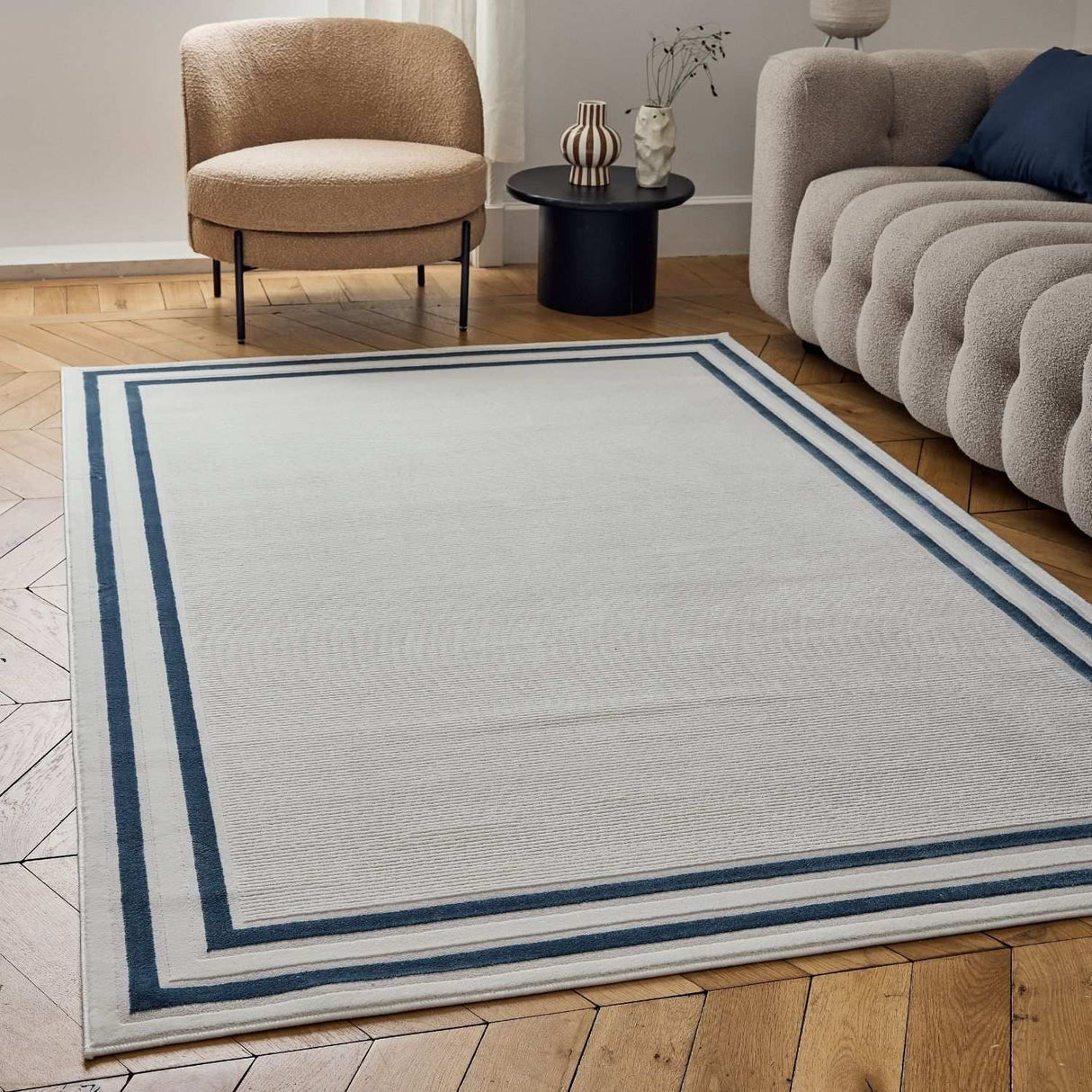 Carmel Cream‑Blue Bordered Rug 6060 | The Rugs
