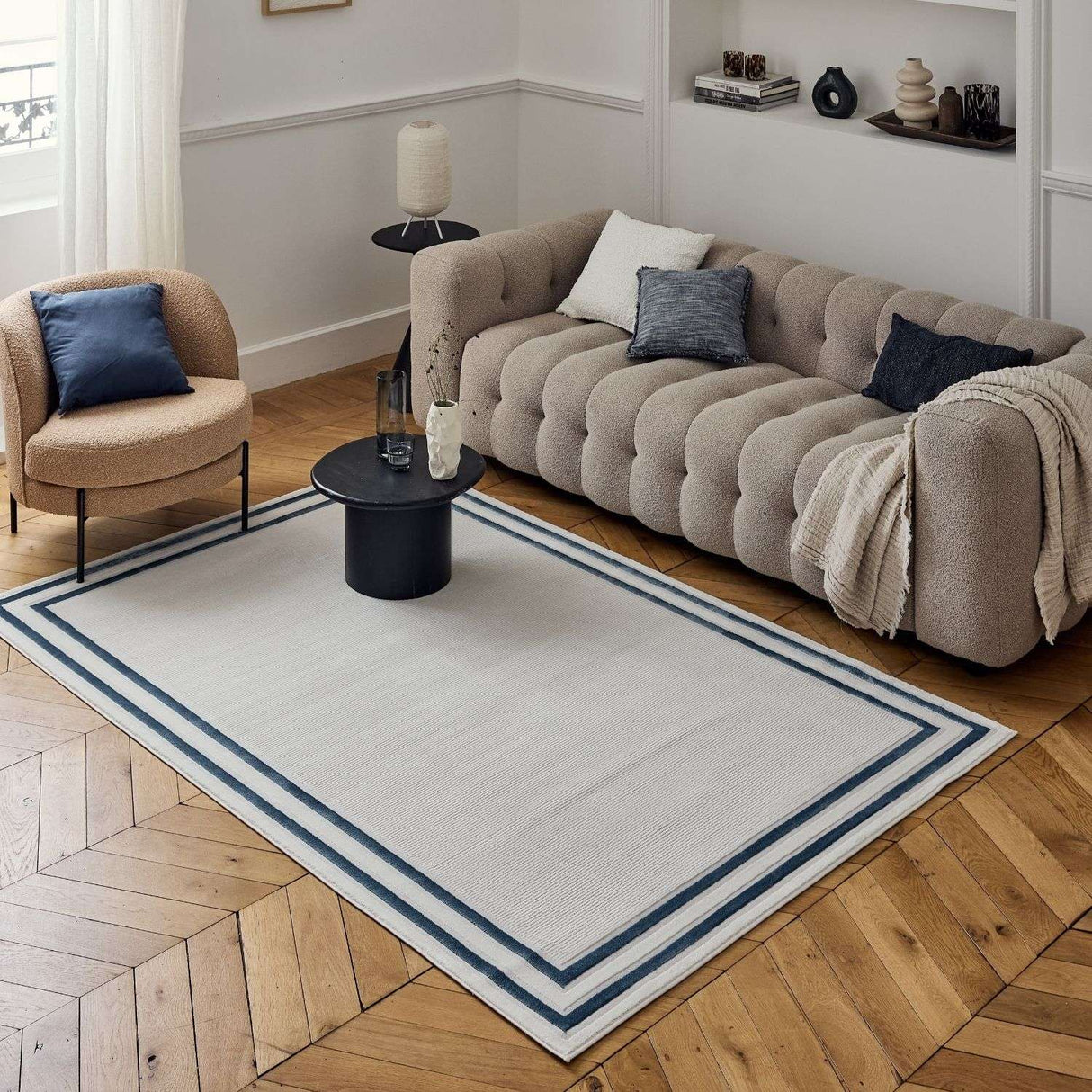 Carmel Cream‑Blue Bordered Rug 6060 | The Rugs
