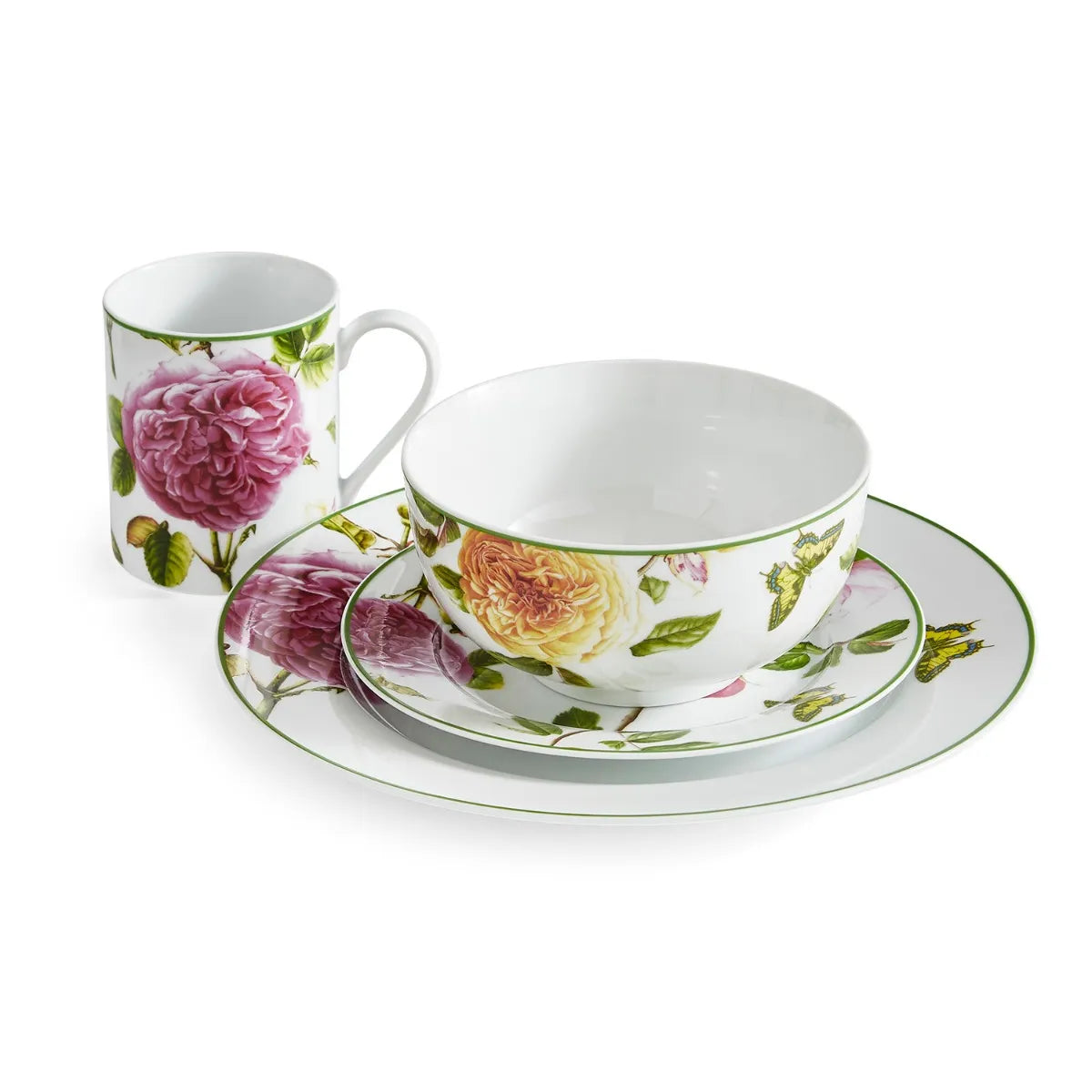 Portmeirion Home 16-Piece Porcelain Dinnerware Set with Pink Roses