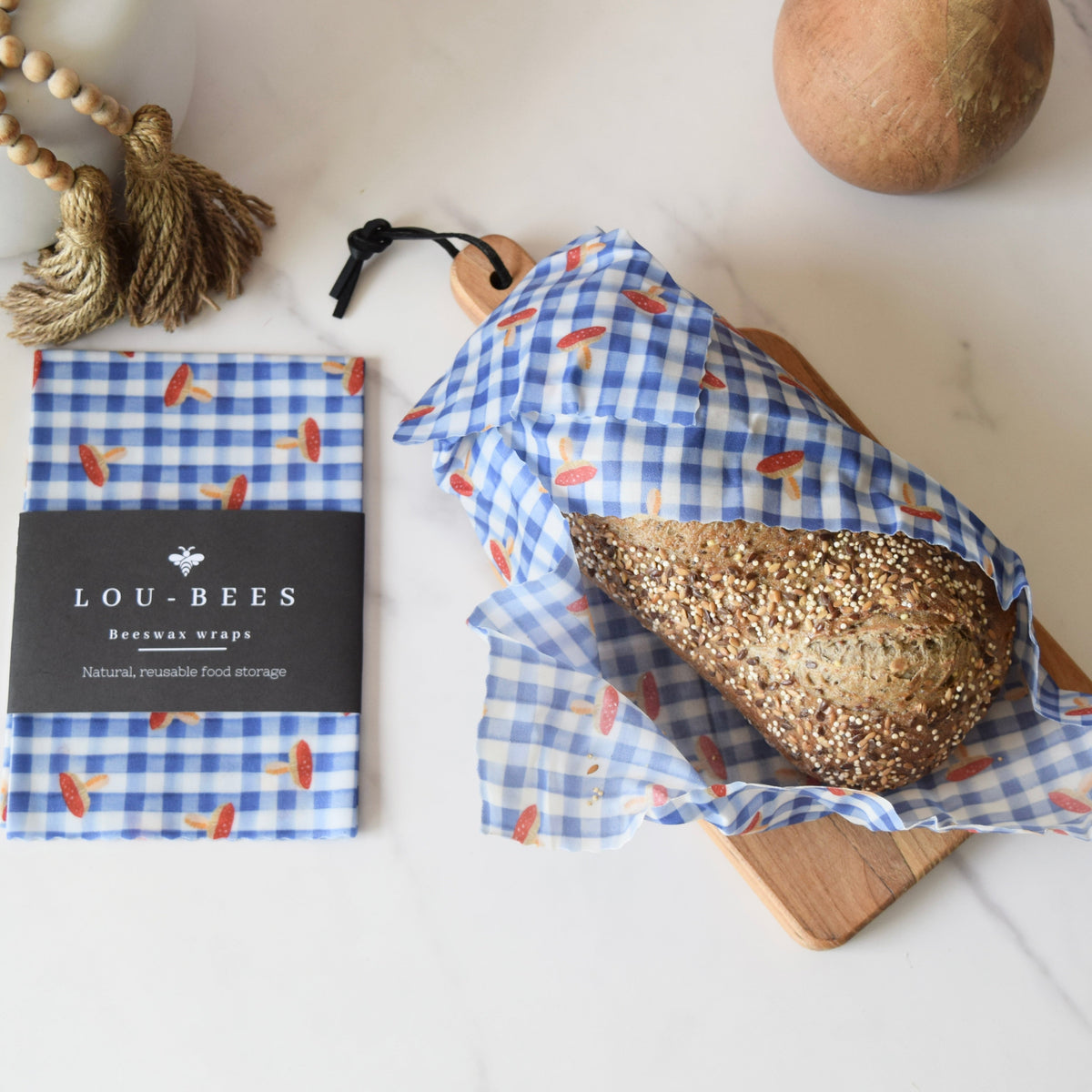 Lou-bees Toadstools on Gingham Large Beeswax Wrap