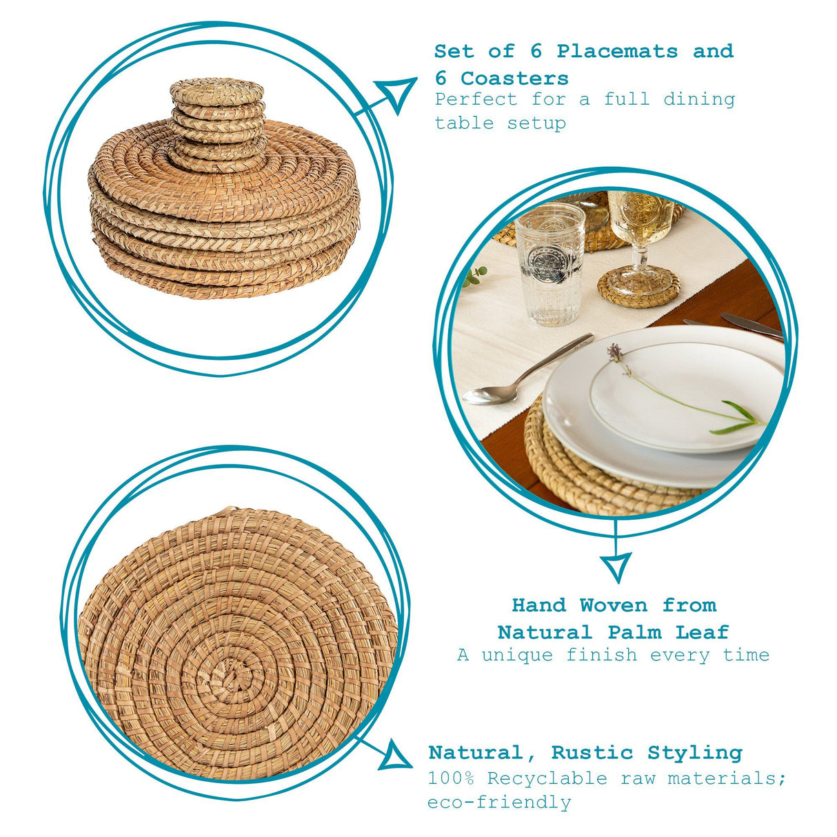 Rinkit Woven Palm Leaf Placemats & Coasters Set – 12 Piece
