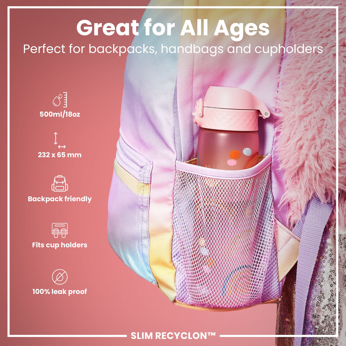 ION8 Leak Proof Slim Water Bottle, Recyclon, Rainbows, 500ml (18oz)