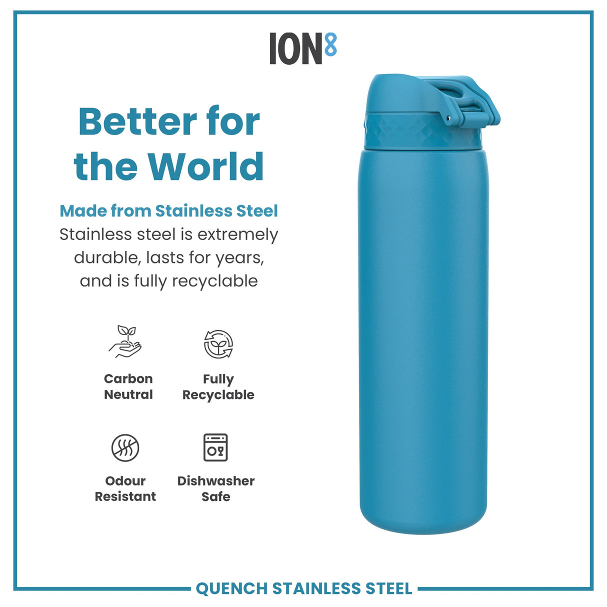 ION8 Leak Proof 1 Litre Water Bottle, Stainless Steel, Blue, 1L