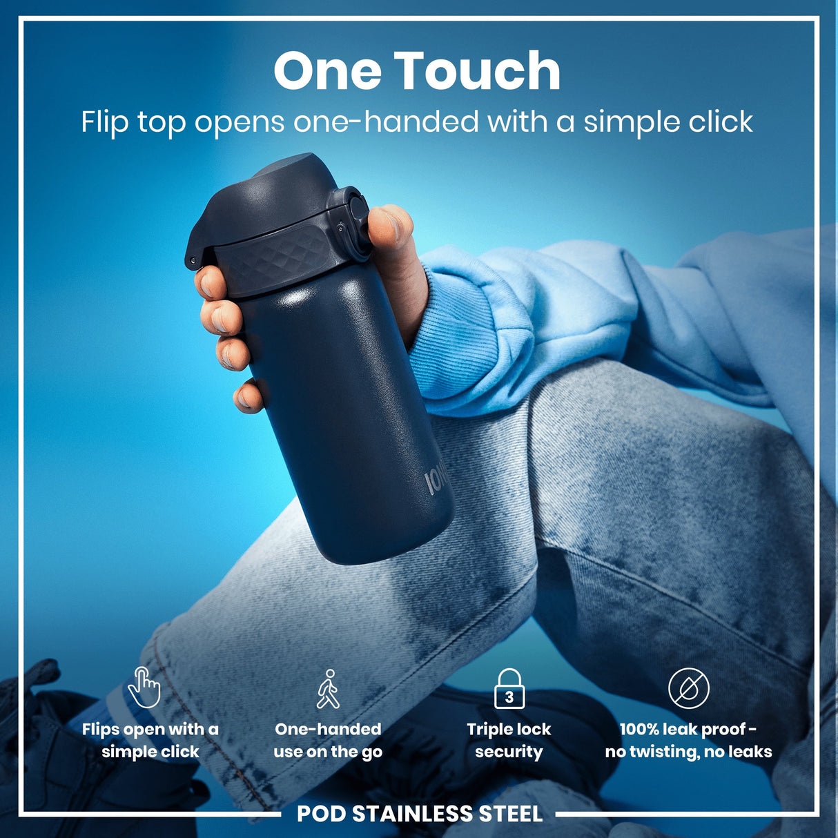 ION8 Leak Proof Water Bottle, Stainless Steel, Ash Navy, 400ml (13oz)