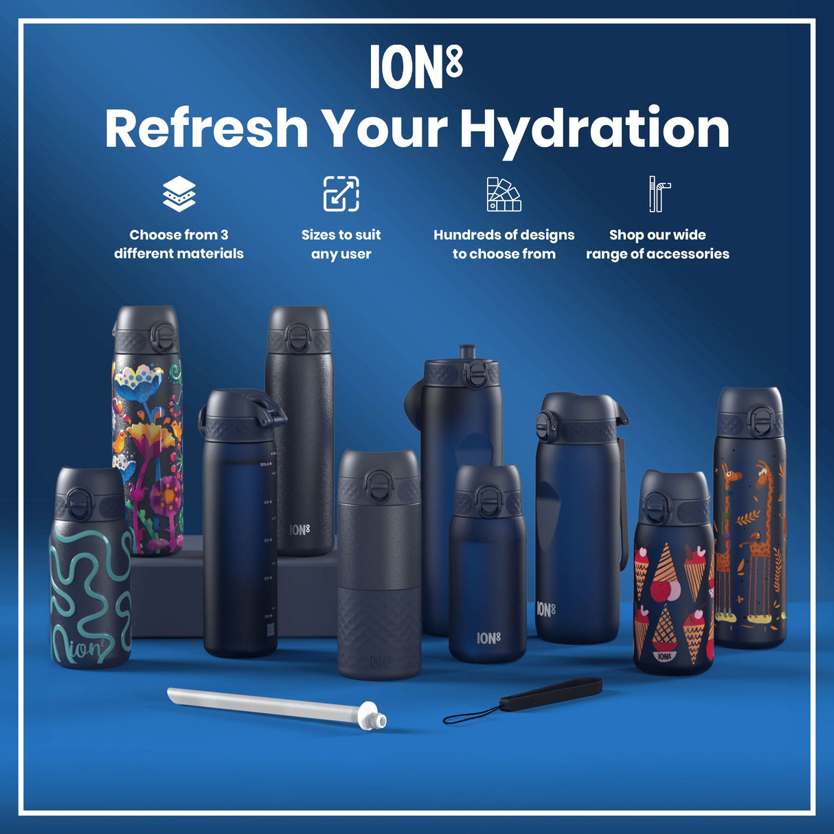 ION8 Leak Proof Water Bottle, Stainless Steel, Ash Navy, 400ml (13oz)