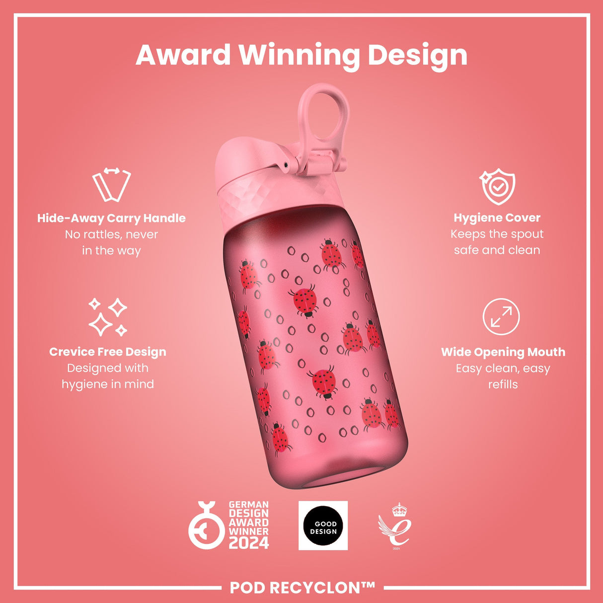 ION8 Leak Proof Kids' Water Bottle, Recyclon, Ladybugs, 350ml (12oz)