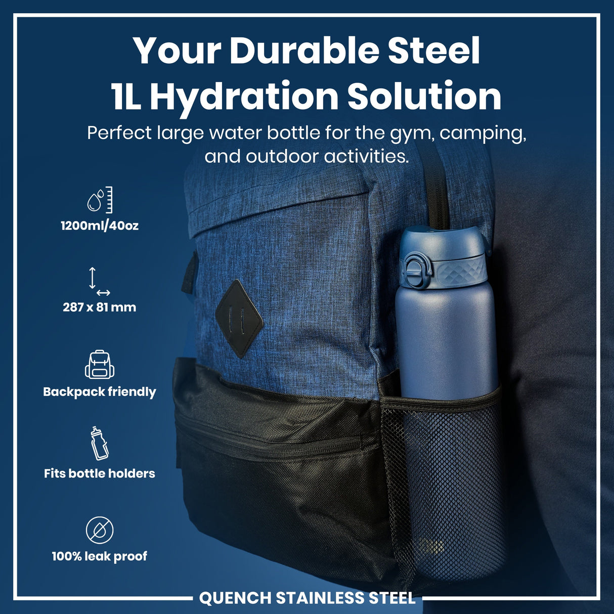 ION8 Leak Proof 1 Litre Water Bottle, Stainless Steel, Ash Navy, 1L