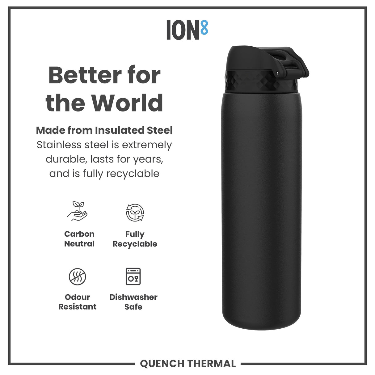 ION8 Leak Proof 1 Litre Thermal Water Bottle, Insulated, Black, 1L