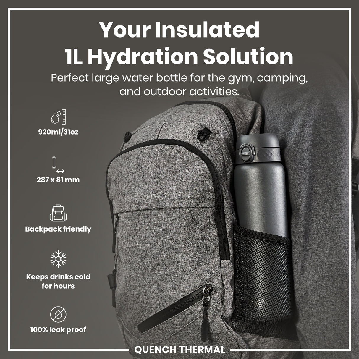 ION8 Leak Proof 1 Litre Thermal Water Bottle, Insulated, Grey, 1L