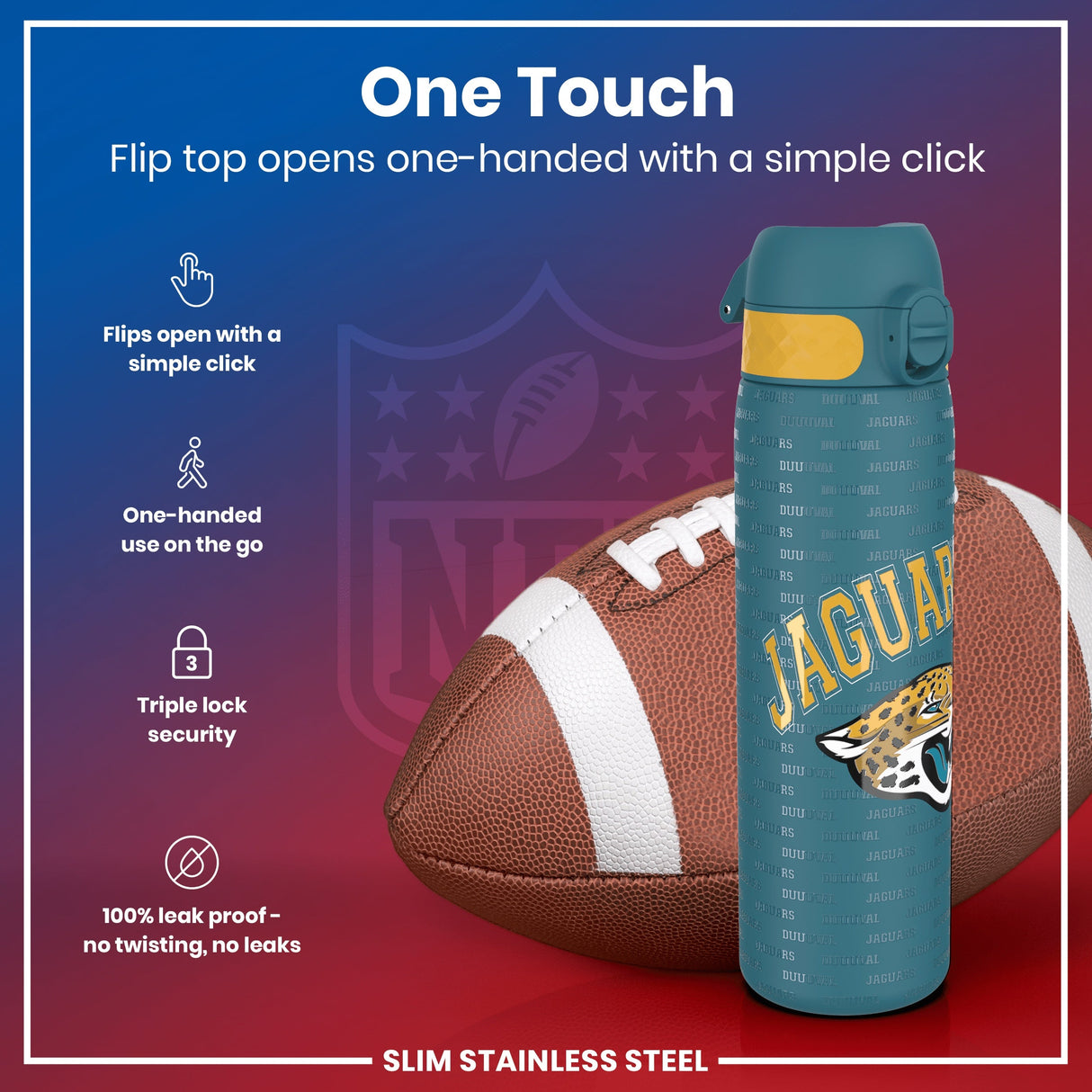 ION8 Leak Proof NFL Water Bottle, Stainless Steel, Jacksonville Jaguars, 600ml (20oz)