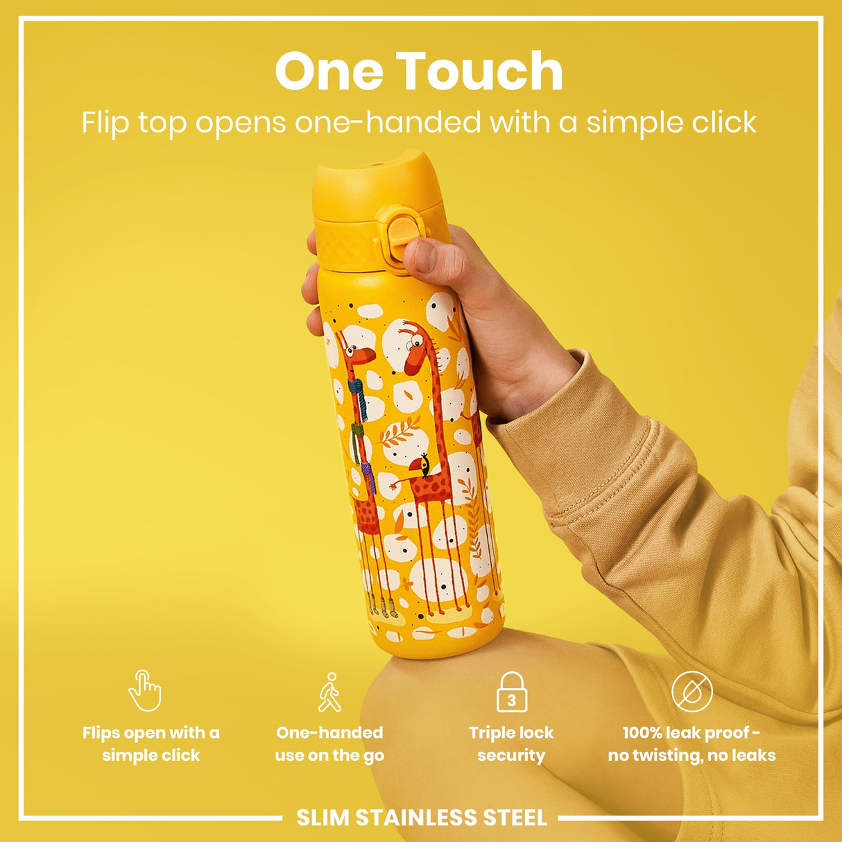 ION8 Leak Proof Slim Water Bottle, Stainless Steel, Giraffes, 600ml (20oz)