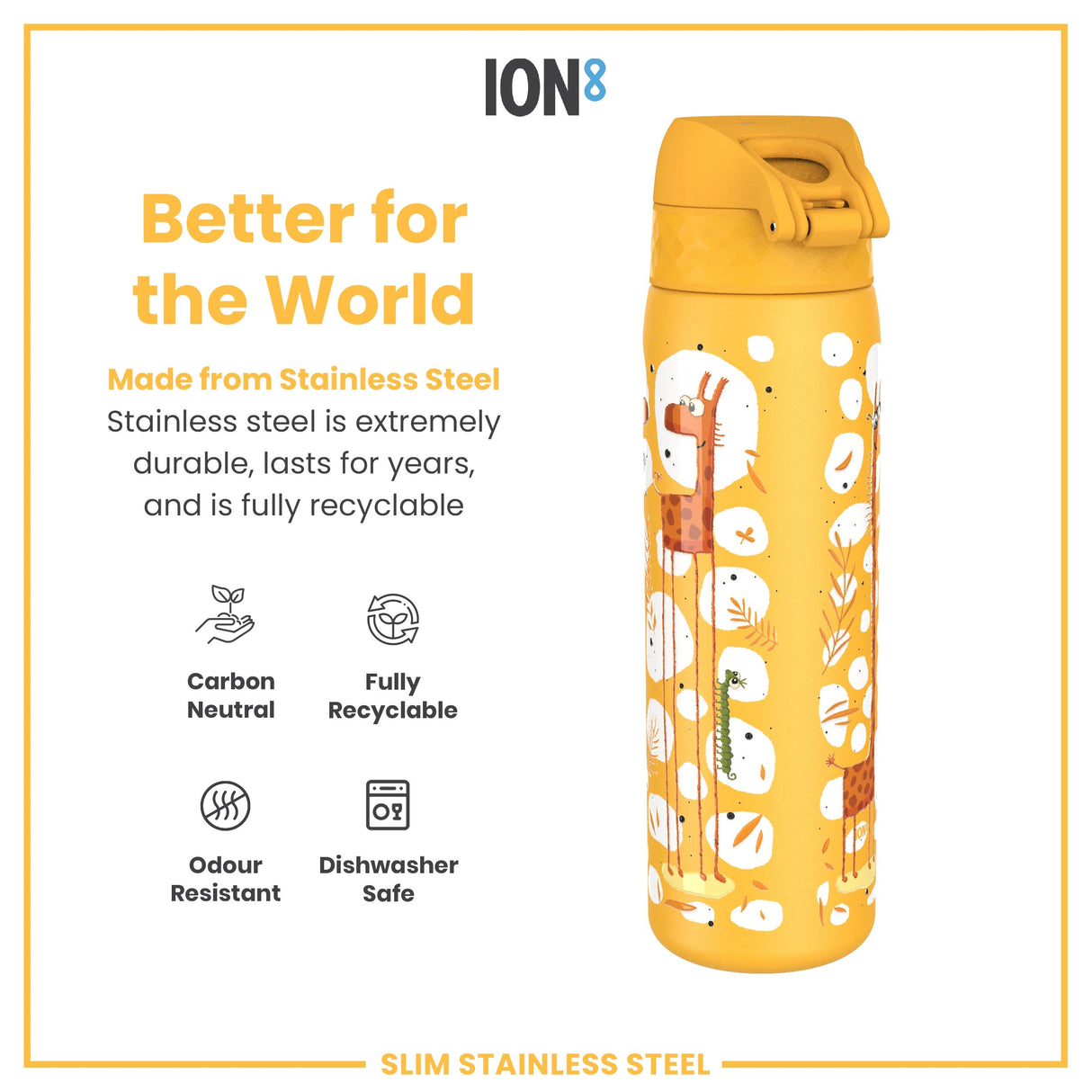 ION8 Leak Proof Slim Water Bottle, Stainless Steel, Giraffes, 600ml (20oz)