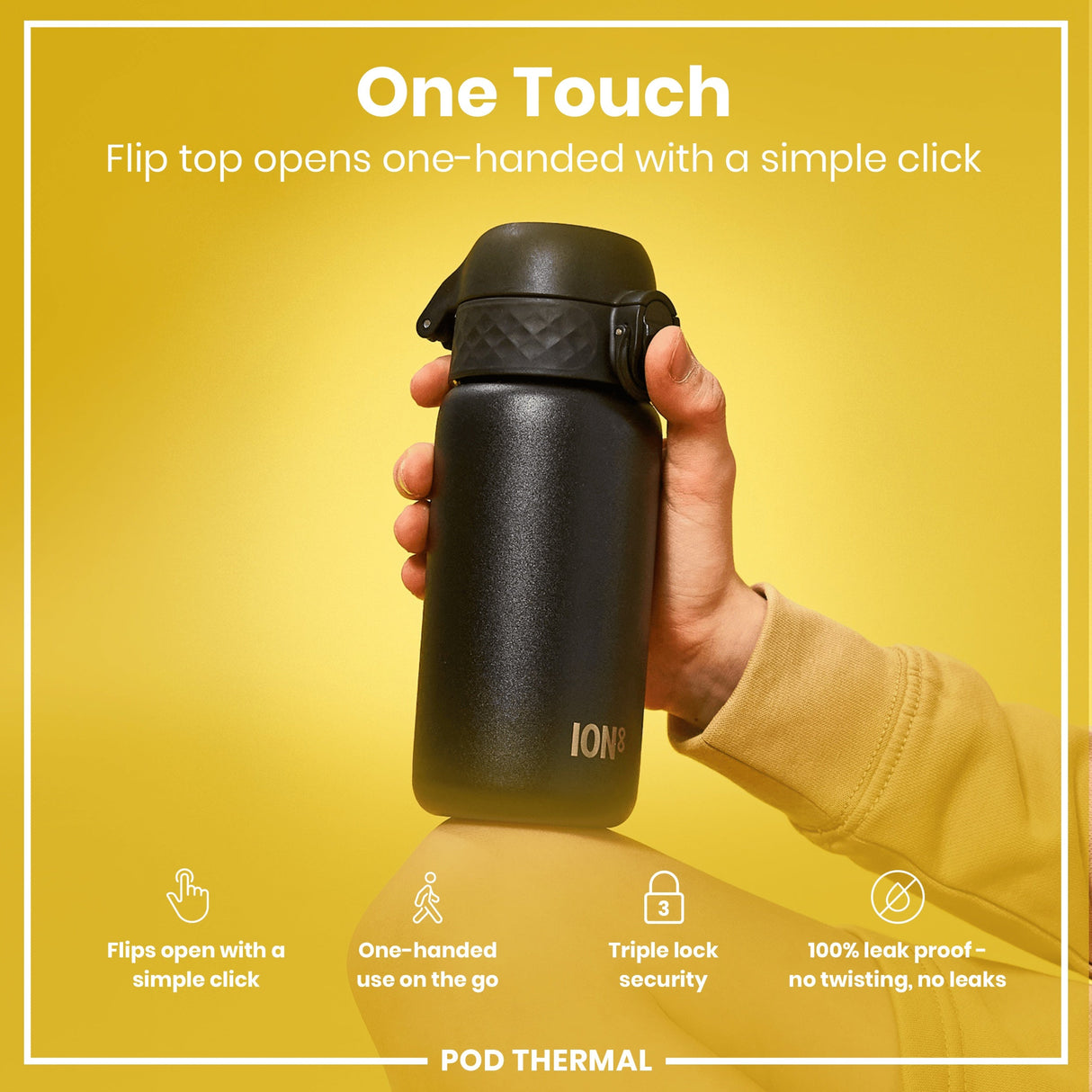ION8 Leak Proof Thermal Steel Water Bottle, Insulated, Black, 320ml (11oz)
