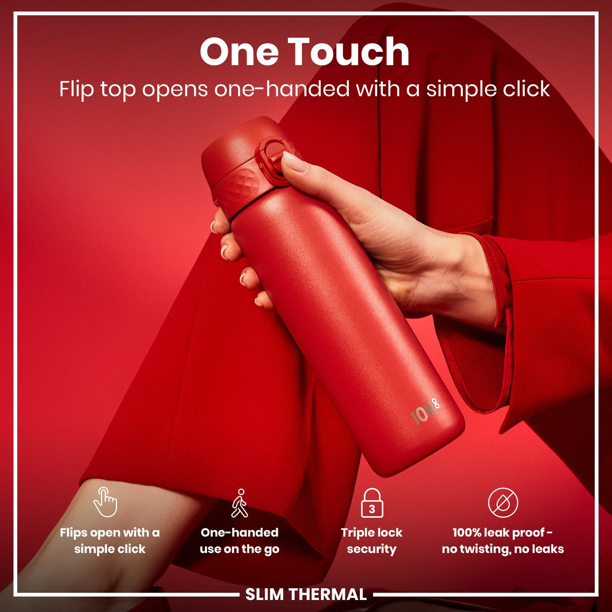 ION8 Leak Proof Slim Thermal Steel Water Bottle, Insulated, Red, 500ml (17oz)