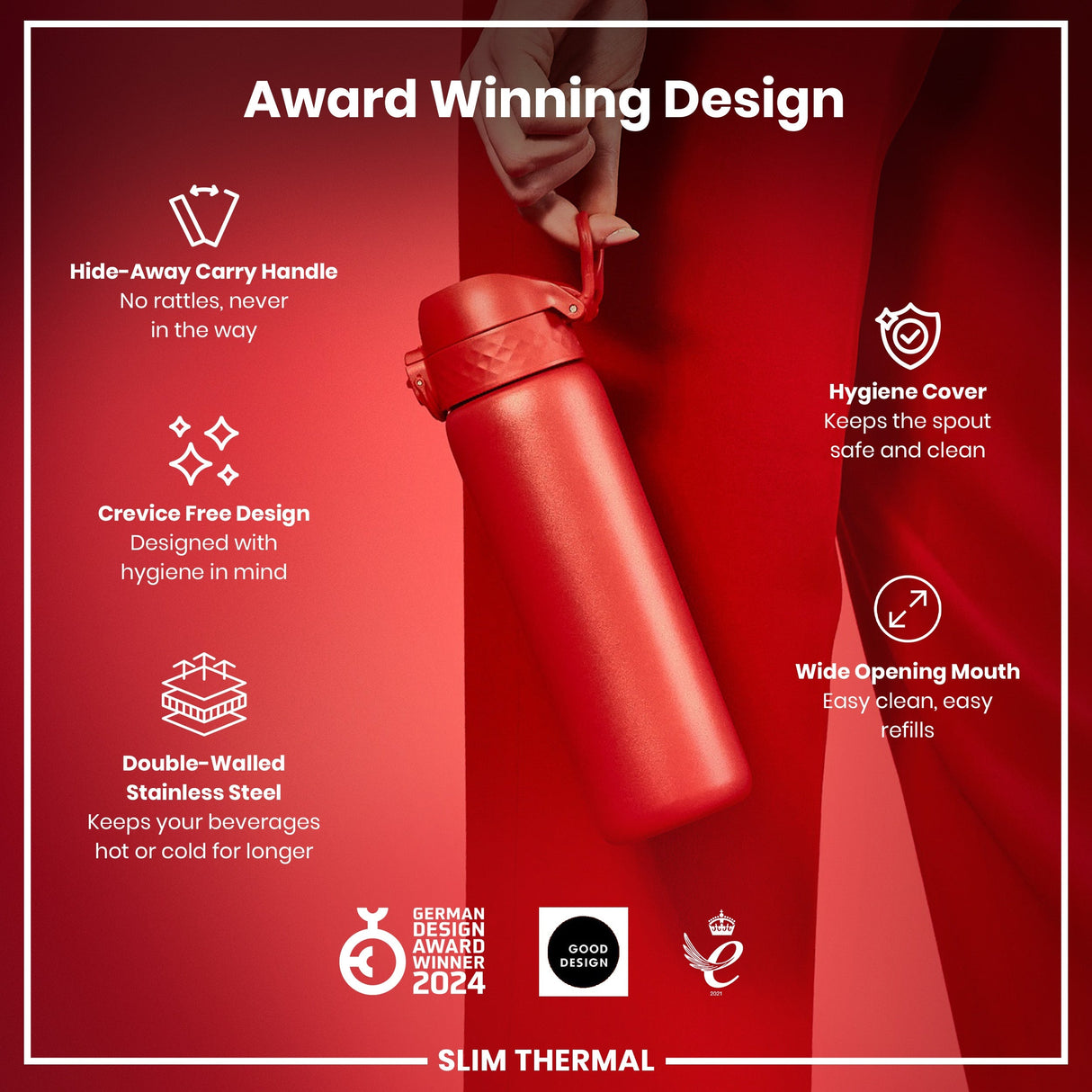 ION8 Leak Proof Slim Thermal Steel Water Bottle, Insulated, Red, 500ml (17oz)