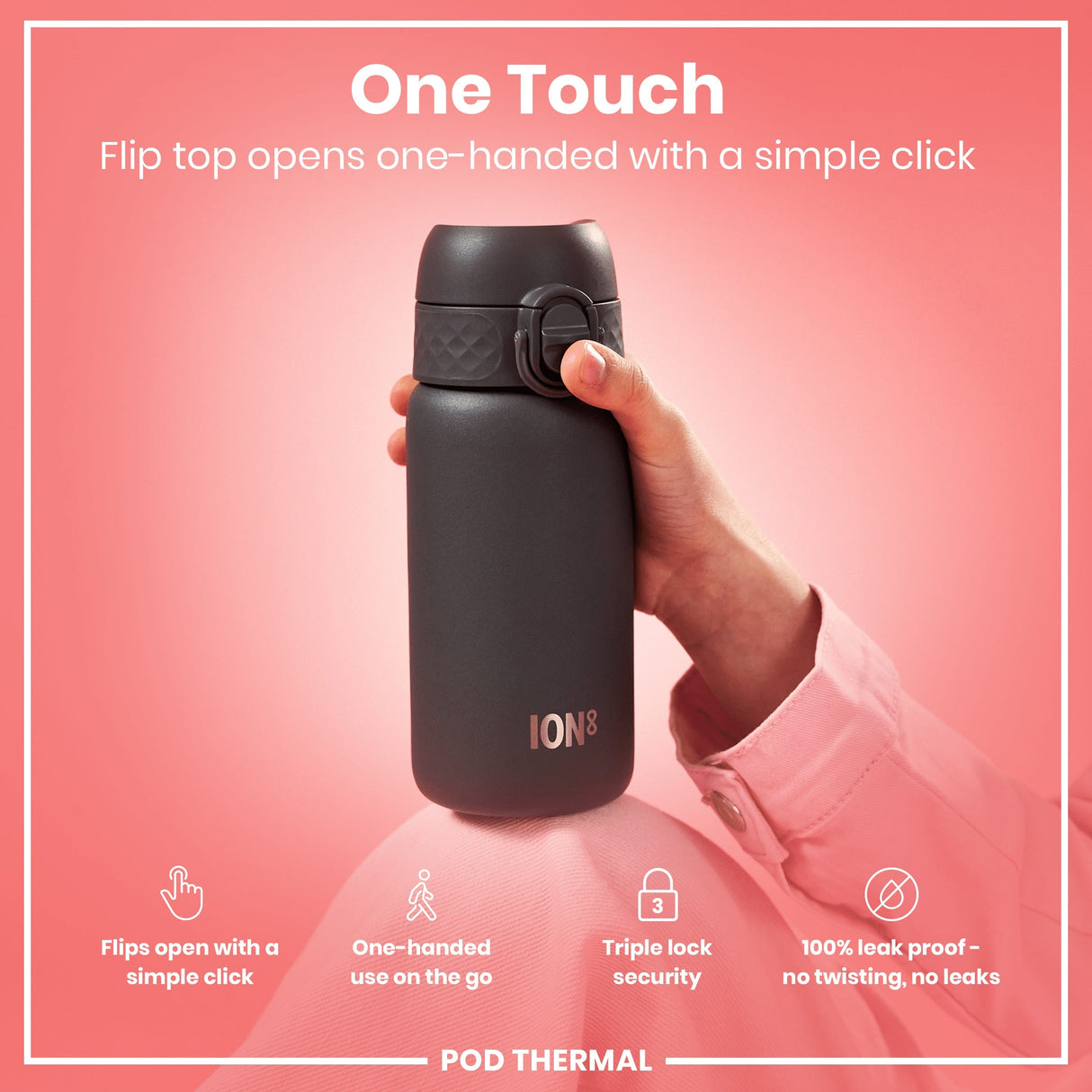 ION8 Leak Proof Thermal Steel Water Bottle, Insulated, Grey, 320ml (11oz)