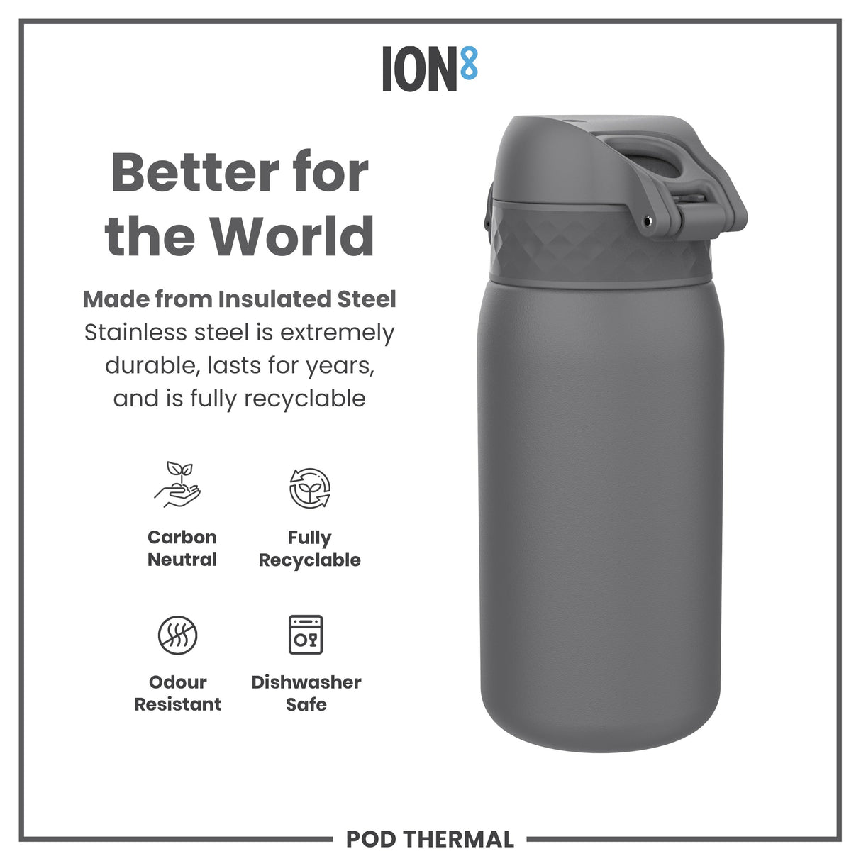 ION8 Leak Proof Thermal Steel Water Bottle, Insulated, Grey, 320ml (11oz)