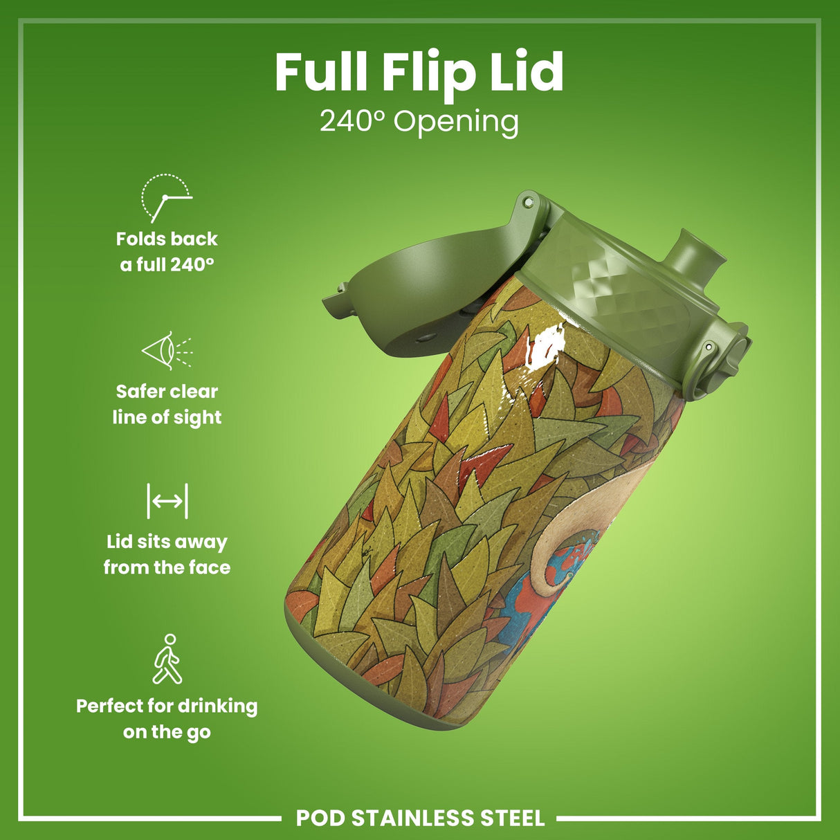 ION8 Leak Proof Water Bottle, Stainless Steel, Elephant, 400ml (13oz)