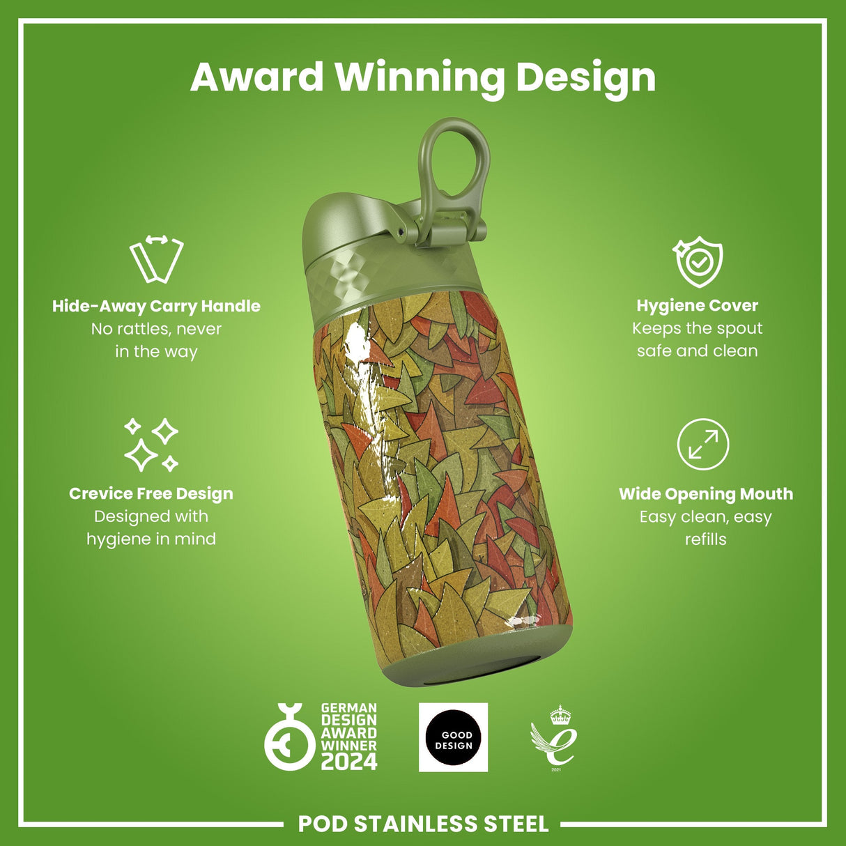 ION8 Leak Proof Water Bottle, Stainless Steel, Elephant, 400ml (13oz)