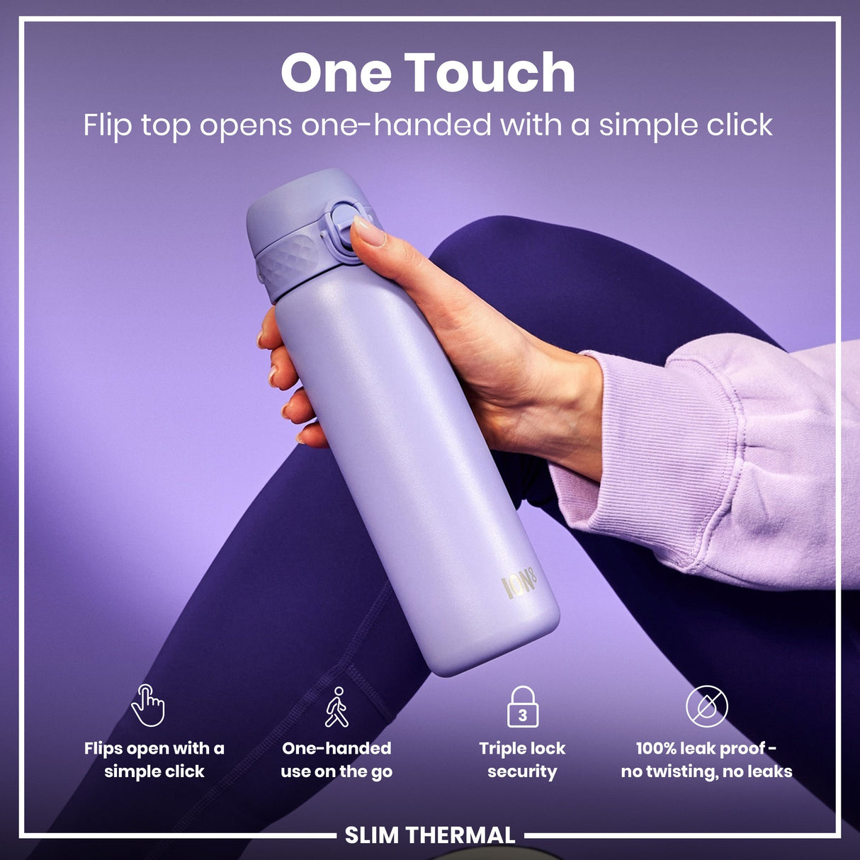 ION8 Leak Proof Slim Thermal Steel Water Bottle, Insulated, Light Purple, 500ml (17oz)