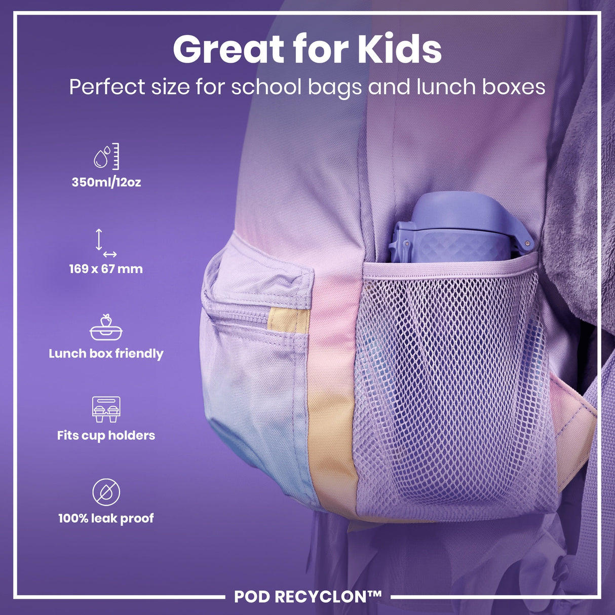 ION8 Leak Proof Kids' Water Bottle, Recyclon, Light Purple, 350ml (12oz)