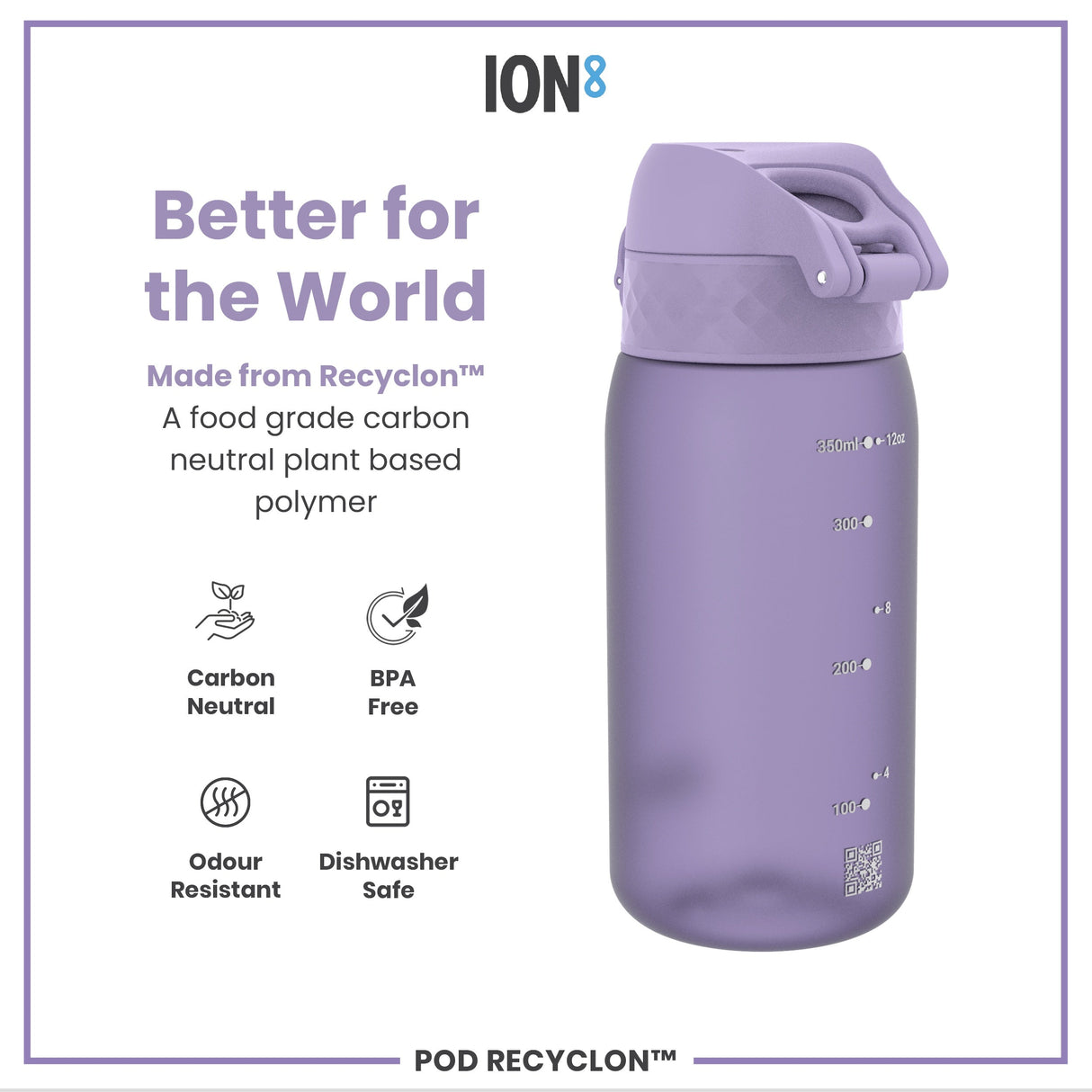 ION8 Leak Proof Kids' Water Bottle, Recyclon, Light Purple, 350ml (12oz)