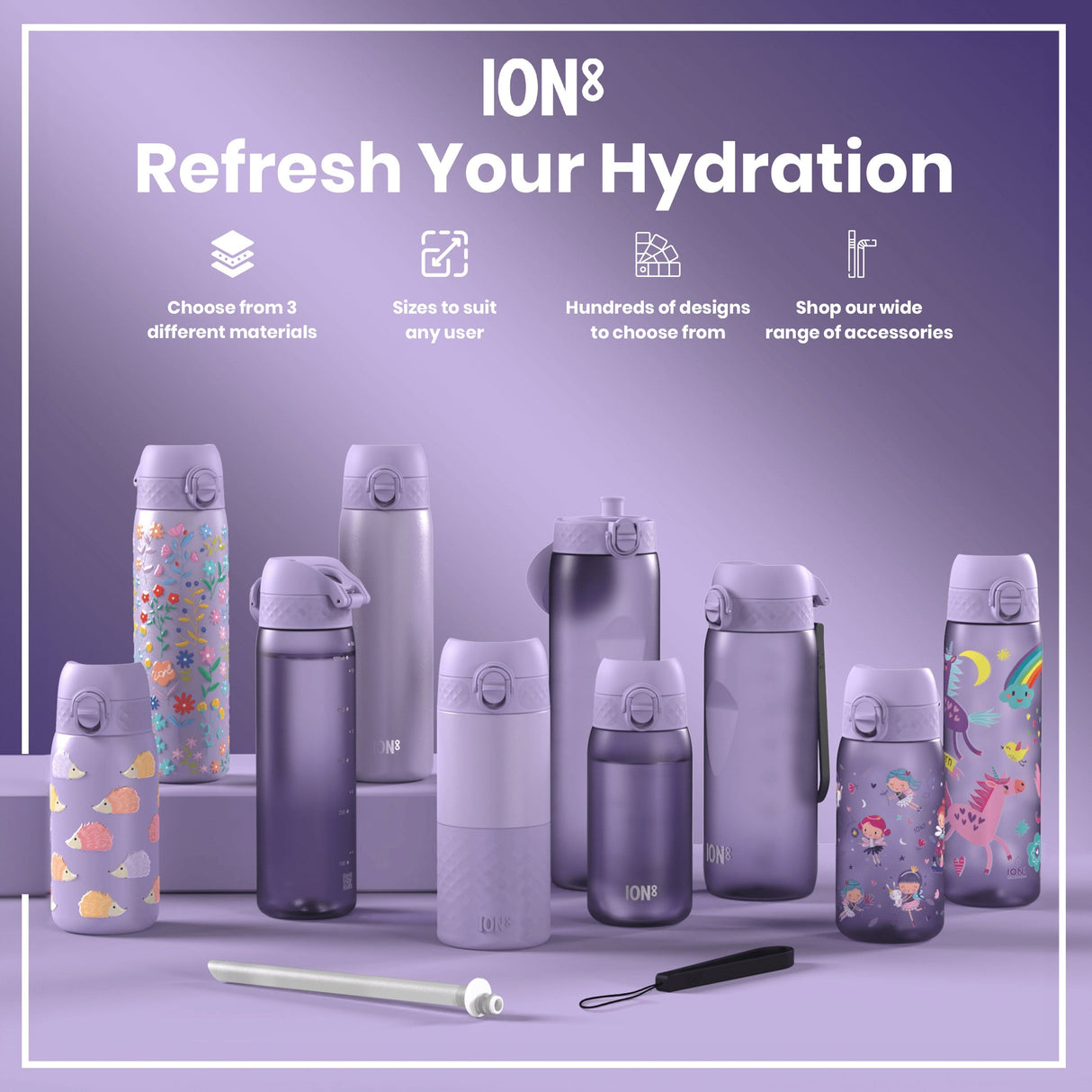 ION8 Leak Proof Kids' Water Bottle, Recyclon, Light Purple, 350ml (12oz)