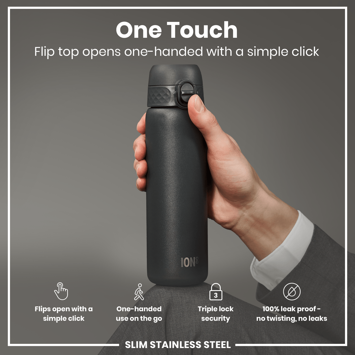 ION8 Leak Proof Slim Water Bottle, Stainless Steel, Grey, 600ml (20oz)