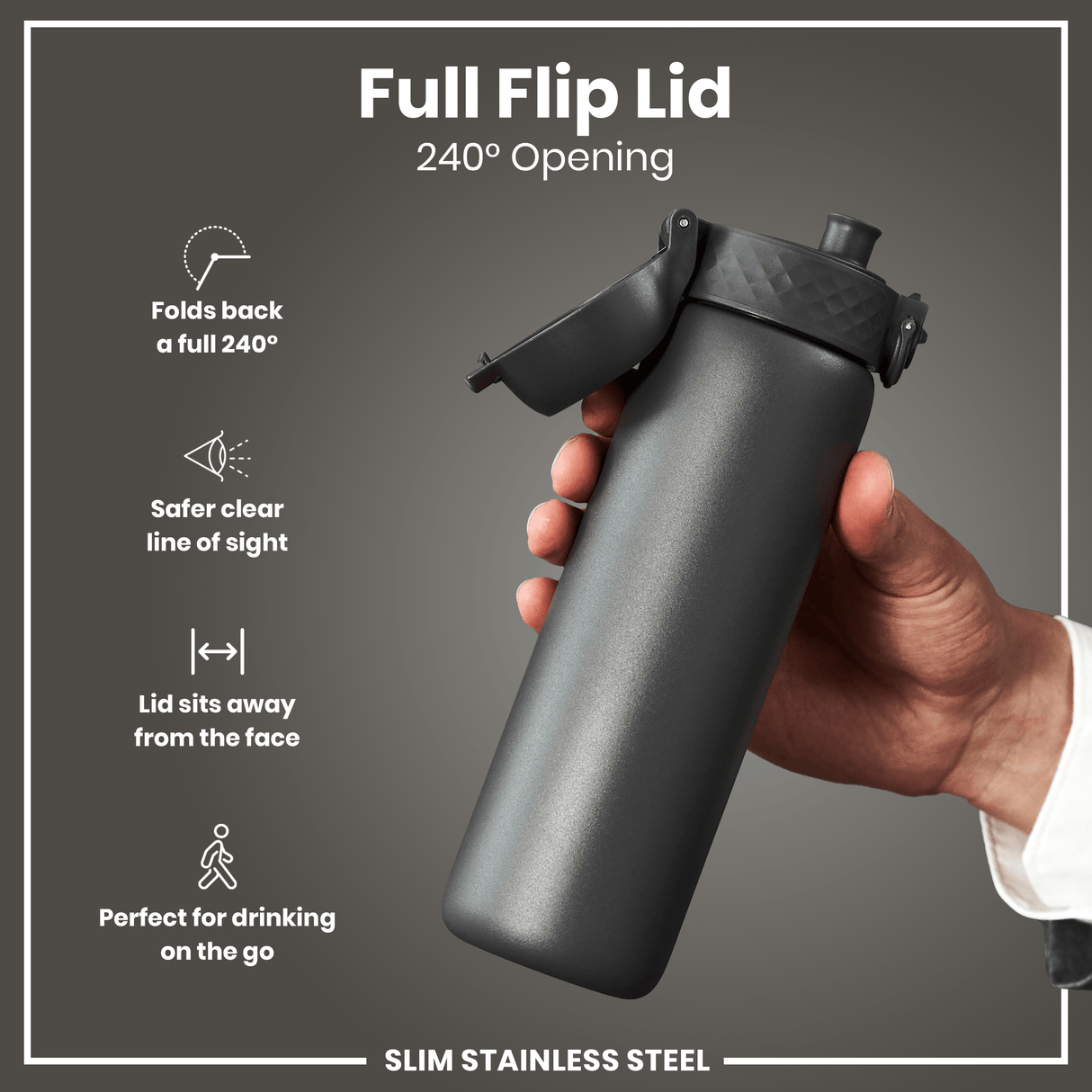 ION8 Leak Proof Slim Water Bottle, Stainless Steel, Grey, 600ml (20oz)