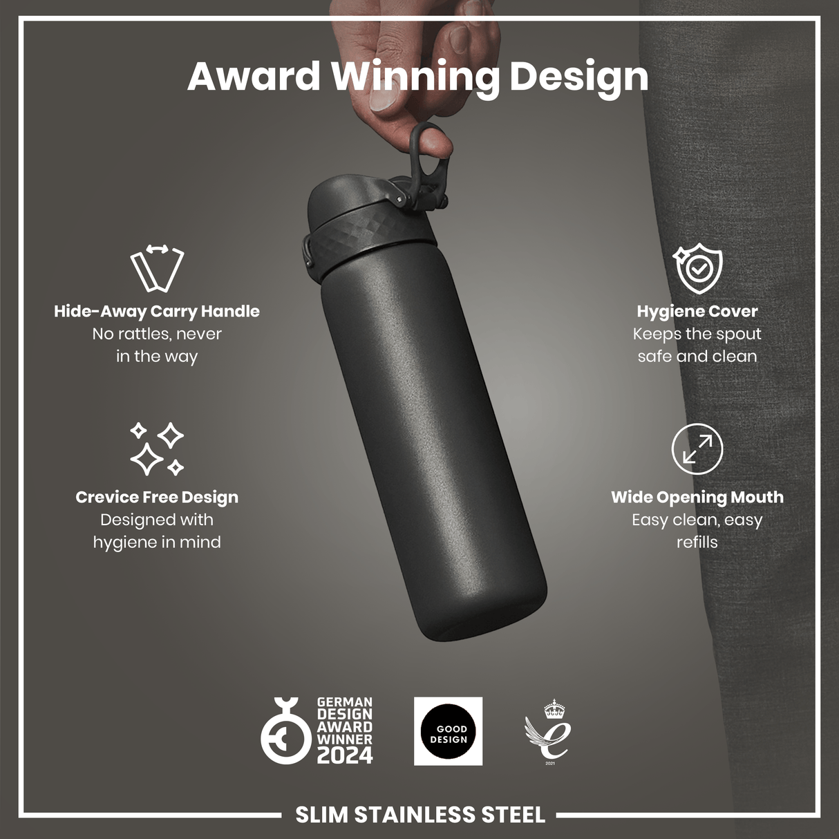 ION8 Leak Proof Slim Water Bottle, Stainless Steel, Grey, 600ml (20oz)