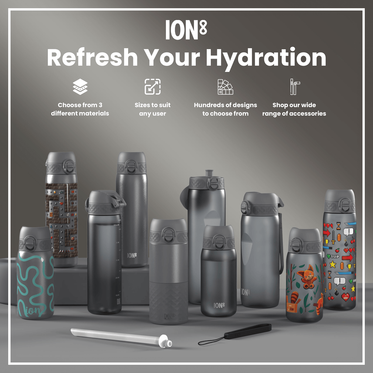 ION8 Leak Proof Slim Water Bottle, Stainless Steel, Grey, 600ml (20oz)